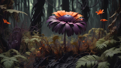 Wall Mural - a beautiful purple flower in a dark forest, in the style of hyper-realistic sculptures, dark orange and green, post-apocalyptic backdrops, light red and yellow, museum gallery dioramas, soft, dreamy s