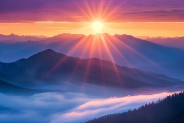 Wall Mural - majestic sunrise over misty mountain peaks landscape photography