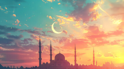 Silhouette of mosque with crescent moon and colorful sky at sunset background