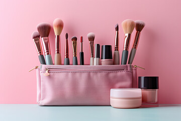 Professional beauty tools and products standing next to pink makeup bag on pastel pink background, 3D illustration