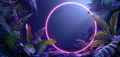 Wall Mural - A circle of neon light, pulsing with life, encases a natural arrangement of tropical leaves and ferns. 