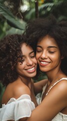 two black women embracing warmly amidst trees in a forest setting