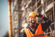 © Mediteraneo - Construction site manager standing  wearing safety vest and helmet, thinking at construction site. Young architect watching construction site with confidence.