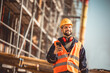 © Mediteraneo - Construction site manager standing  wearing safety vest and helmet,using his phone at construction site.