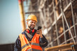 © Mediteraneo - Construction site manager standing  wearing safety vest and helmet,using his phone at construction site.