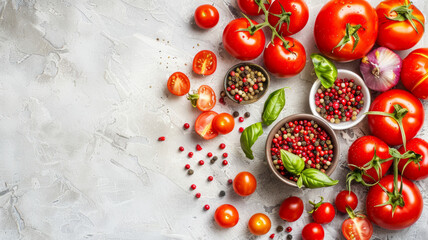 Wall Mural - A bowl of tomatoes and basil sits on a table next to a bowl of red pepper flakes