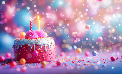 Birthday cake with burning two candles and confetti on bokeh background