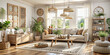 © James - Bohemian living room interior 3d render with beige colored furniture and wooden elements
