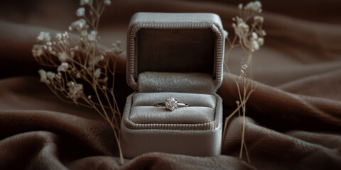 Elegant Diamond Ring In Velvet Box With Dried Flowers Surrounding. Diamond Engagement Ring With Floral Decorations. Generative AI