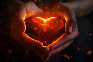 glowing human heart held in gentle hands compassion and love concept illustration