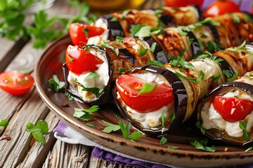 Wall Mural - Rolled up eggplant stuffed with cheese and tomatoes in plate