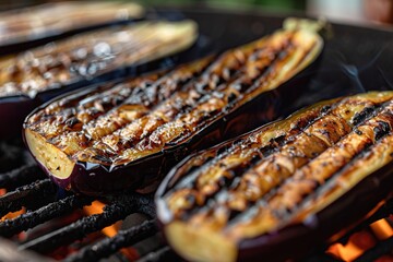 Wall Mural - Slices of grilled eggplants on grill