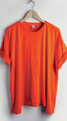 Wall Mural - A bright orange crew-neck t-shirt draped over a curved wooden hanger, against a flawless white background. 