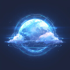 This captivating image showcases a futuristic digital representation of our blue planet encircled by a cybernetic cloud. It embodies the essence of advanced technology and the power of connectivity