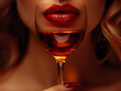 Femme élégante portant un verre de cognac à ses lèvres, dégustation d'alcool fort