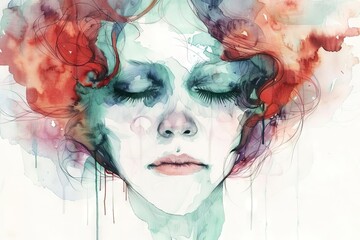 Wall Mural - melancholic woman with disheveled hair closing her eyes in sorrow watercolor illustration