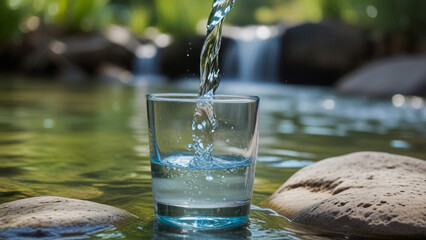 Summer water glass drink water pouring in to glass pure fresh water freshness.Health water flows into a glass placed on a wooden bar natural green
