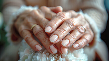 Wall Mural - Hands of an elderly woman with a neat, beautiful manicure in pastel colors.