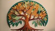An intricate tree of life design in green and brown low poly embroidery on a beige background 