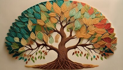 Wall Mural - An intricate tree of life design in green and brown low poly embroidery on a beige background. 