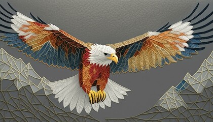 Wall Mural - Eagle in flight, embroidered in low poly style using grey and white threads on a stormy grey