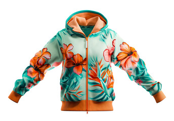 Wall Mural - Zip sweatshirt design, turquoise and orange colors with floral pattern, 3D, isolated on white background