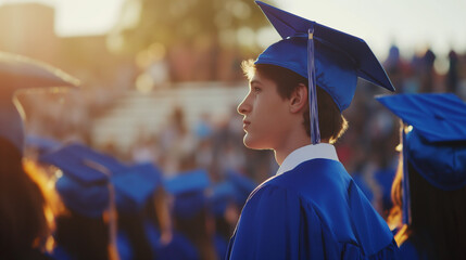 Young man, a graduate of a college or university, wearing a graduate gown and cap, stands at a graduation ceremony.