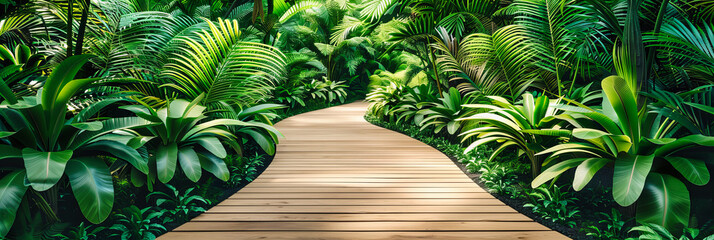 Wall Mural - Wooden bridge over a serene river in a lush tropical forest, a scenic path inviting exploration