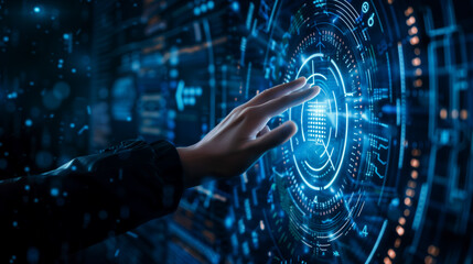 Hand touching virtual shield with binary code and cyber security concept on dark blue background, in the style of professional color grading, soft shadows, clean sharp focus, digital photography in th