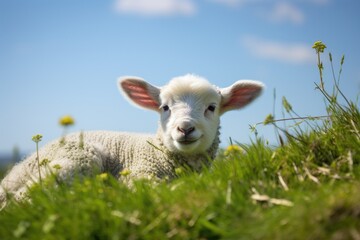 Wall Mural - Adorable lamb in grassy field