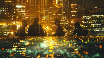 Poster - A business team brainstorming investment strategies while surrounded by financial charts and graphs, focusing on gold as a stable asset.