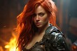 Fierce female warrior with vibrant red hair
