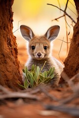 Poster - Curious kangaroo peeking out from behind tree