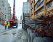 A truck carrying rebar pulls up to a construction site, workers directing it to the unloading area 8K , high-resolution, ultra HD,up32K HD