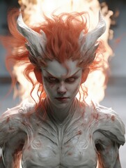 Wall Mural - demonic fantasy creature with fiery red hair and intense expression