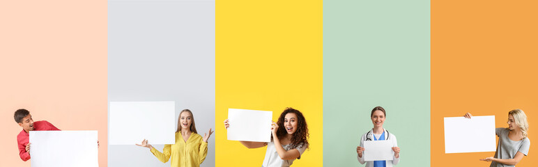 Wall Mural - Set of people with blank posters on color background