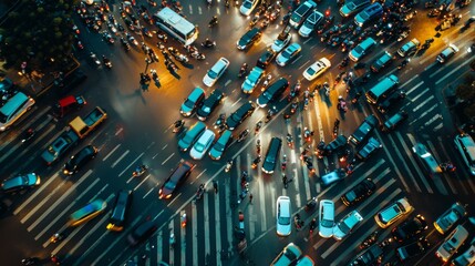 Aufkleber - A congested city intersection during rush hour, showcasing chaotic traffic with cars and motorcycles navigating through crowded lanes.