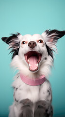 Happy Dog with Black and White Fur and Pink Collar Against Blue Backgroun