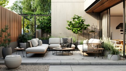 A cozy minimalist patio with sleek outdoor furniture, potted plants, and minimalist decor, offering a serene retreat for relaxation.