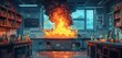 In a high school science lab, a chemistry experiment goes wrong, causing a small explosion that results in a fire, 2d, flat, illustration, solid color