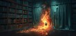 In a library, an old electrical socket sparks and sets fire to a nearby curtain,  illustration stlye