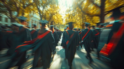 A group of graduates walk down a street, some of them wearing red caps and gowns. The scene is blurry, giving it a sense of motion and excitement