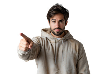 Portrait of man pointing at camera on isolated transparent background