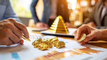 Poster - A group of investors reviewing performance reports and market analysis, evaluating the role of gold investments in long-term financial plans.
