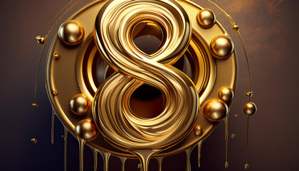 Wall Mural - number 8 in golden drip effect, shiny metallic, logo, hyper realistic, ultra detailed, high resolution, 3d rendering