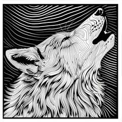 Wall Mural - A wolf howls in the night. The wolf's mouth is open and its teeth are visible. Imitation sketch print in black and white coloring. Design for cover, card, decor or print.