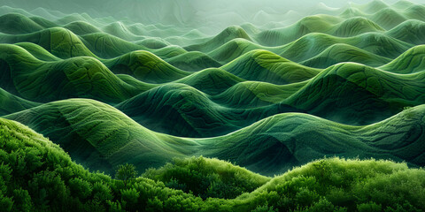 Wall Mural - Rolling green hills with lush forests in the misty morning light