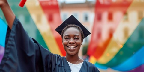 Wall Mural - Proud African-American Female Graduate with Raised Hand Against Rainbow Background.