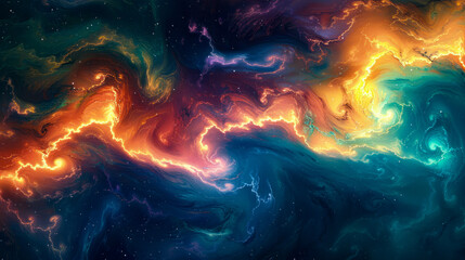 Wall Mural - A colorful swirl of space with a bright orange line in the middle