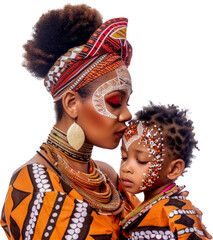 Wall Mural - African mom and child in traditional face paint portrait cut out on transparent background